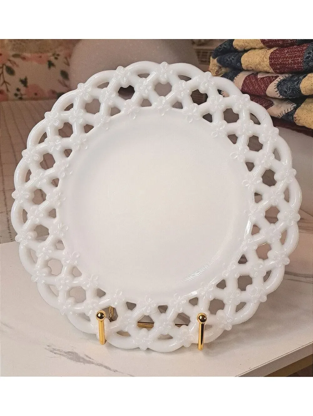 Vintage Westmoreland Forget Me Not Open Lattice Milk Glass Plate 8.5